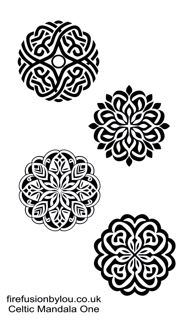 Four black Celtic mandala designs arranged on a white background, with the text 'firefusionbylou.co.