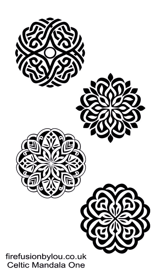 Four black Celtic mandala designs arranged on a white background, with the text 'firefusionbylou.co.