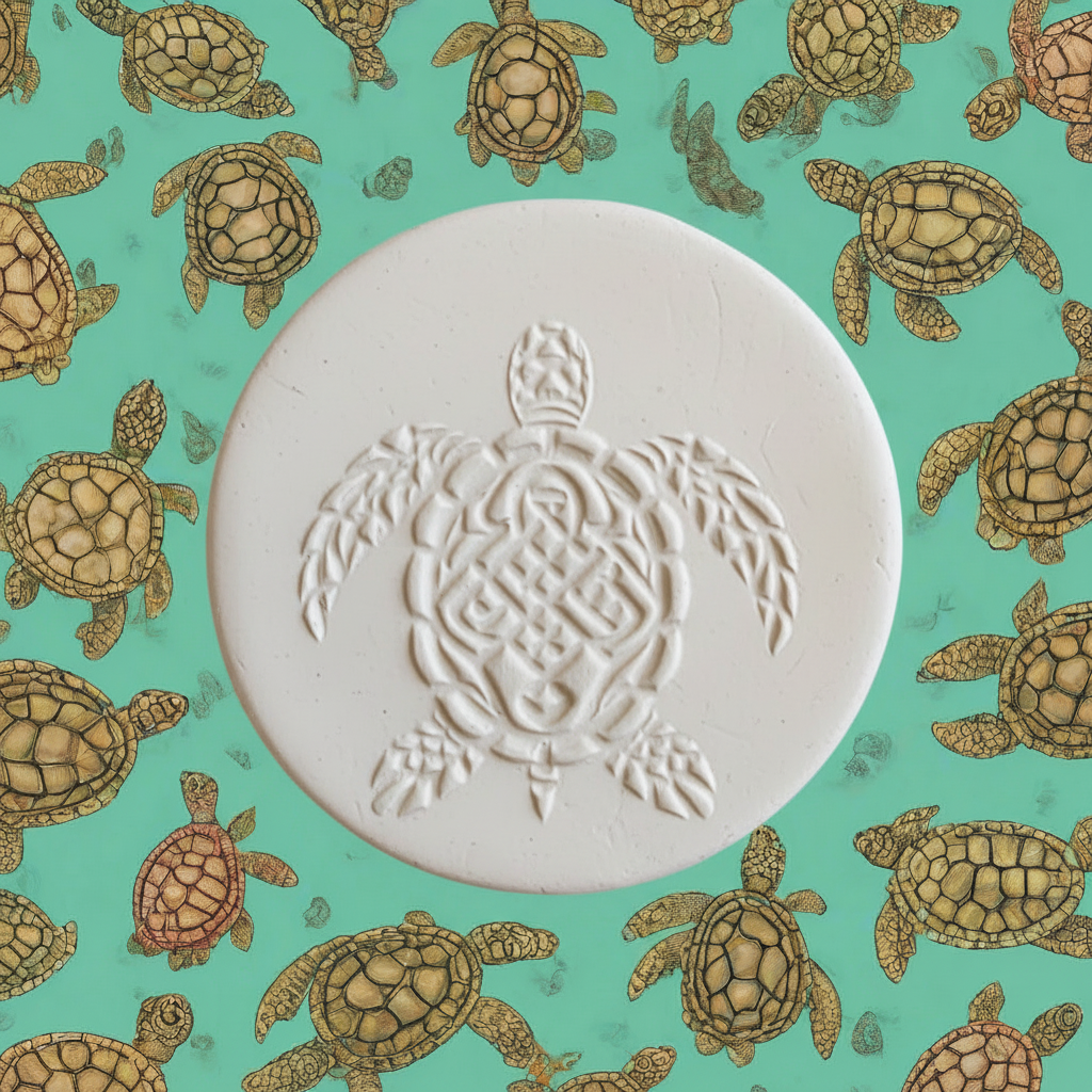 clay round turtle-shaped stamp on a teal background with turtle pattern