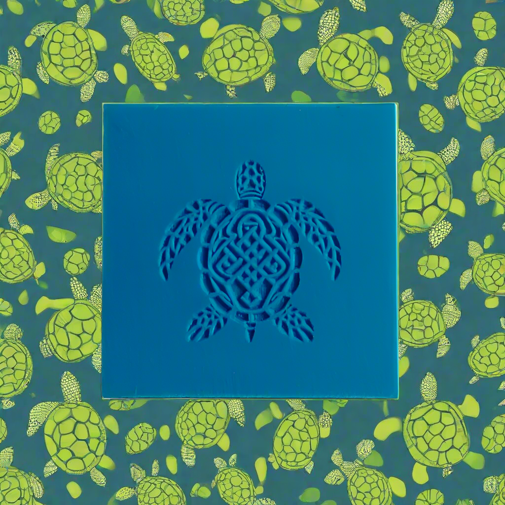 Blue turtle rubber stamp on a blue background with green turtle pattern