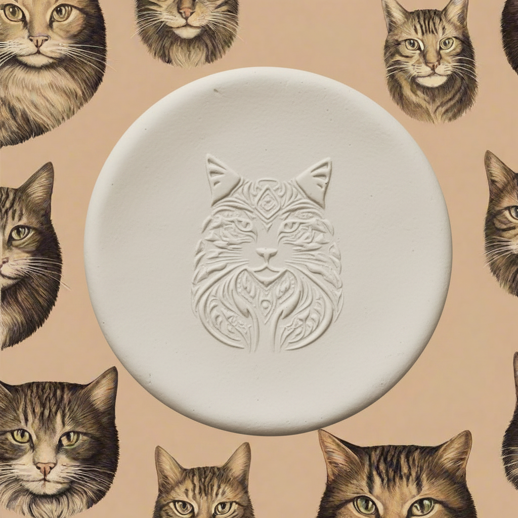 A round white clay  featuring an embossed cat face design, centred on a beige background patterned with illustrated tabby cat faces.