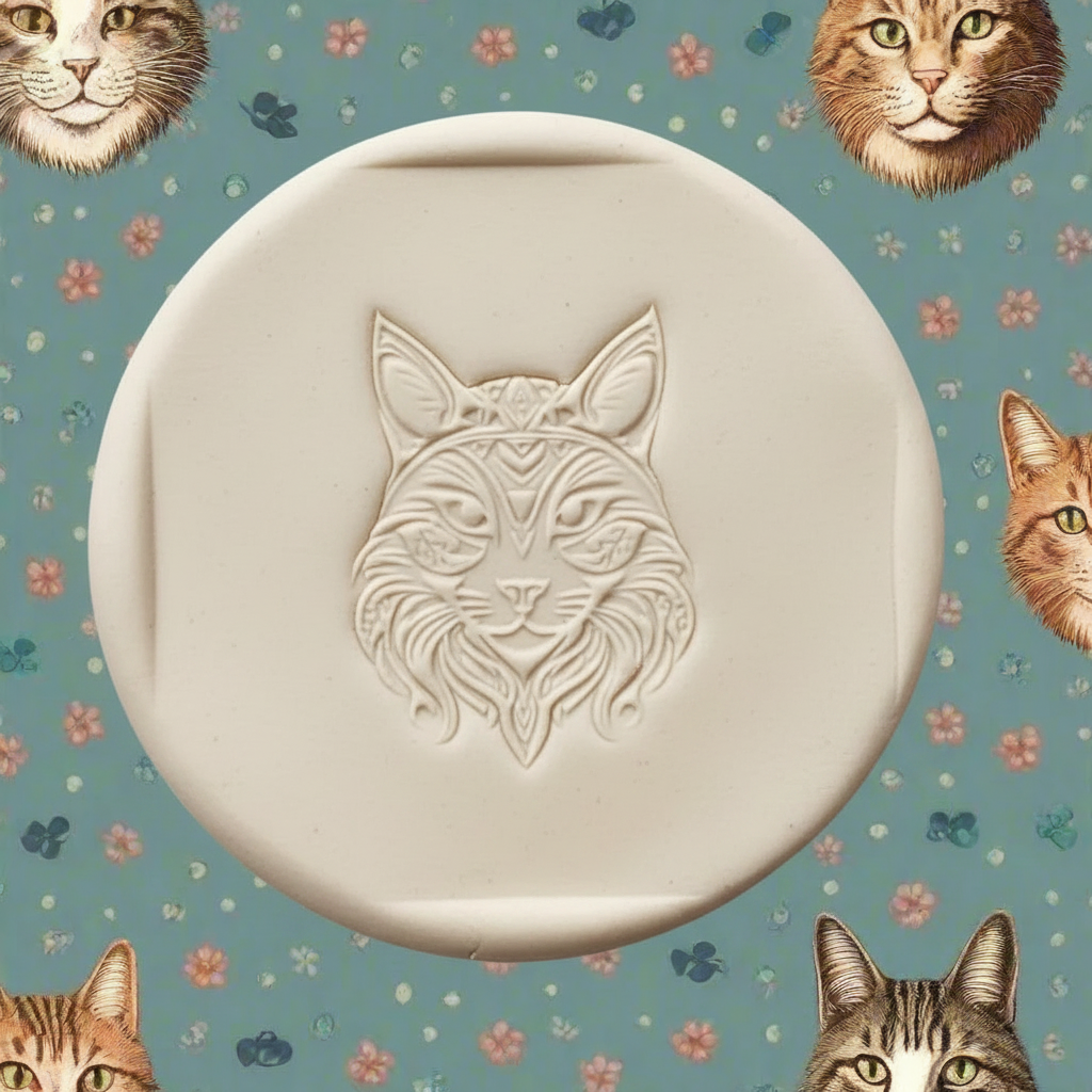 A round clay with an embossed Celtic cat face, centred on a patterned background of teal with floral details and cat head illustrations.