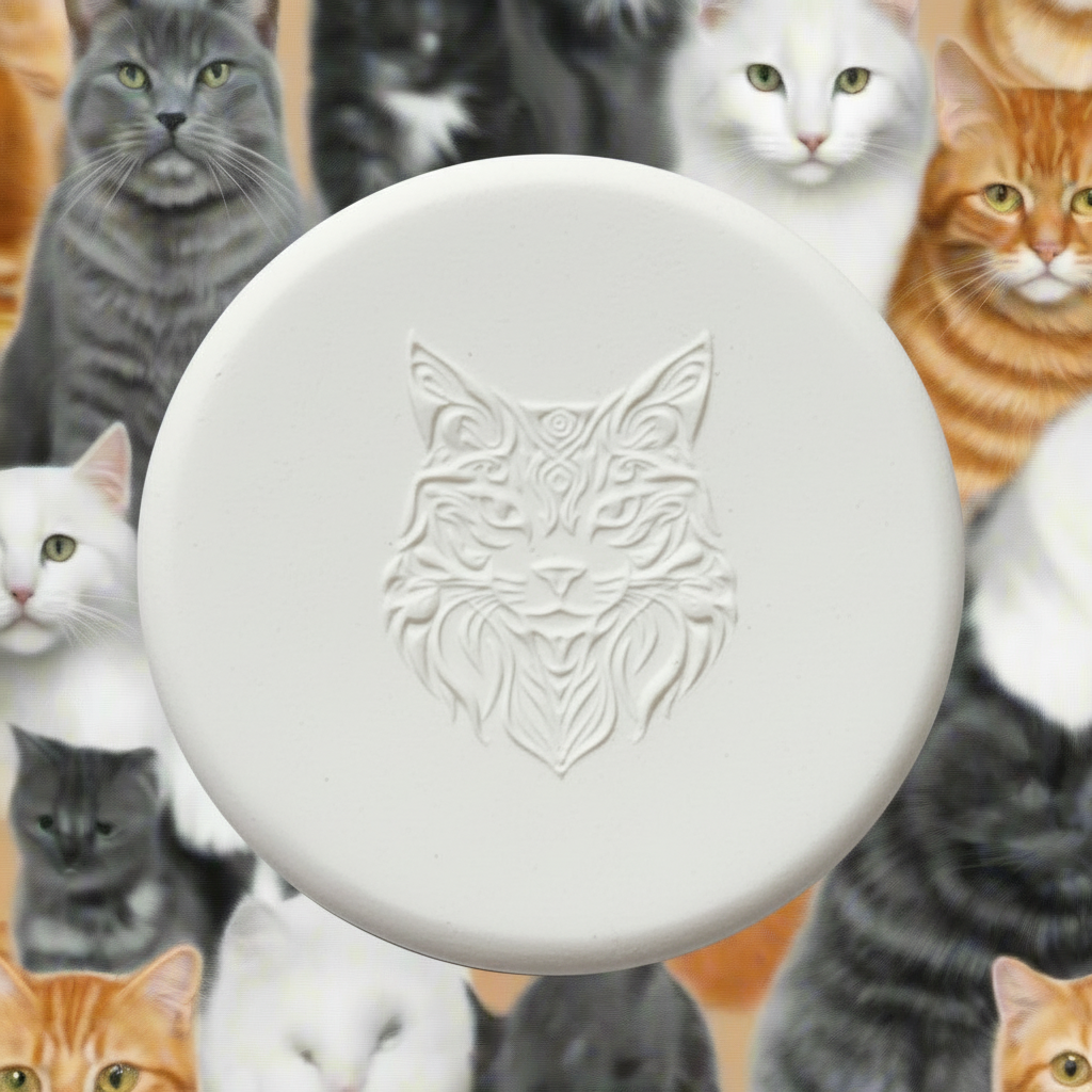 A round white clay with an embossed cat head design on the front, centred over a collage background of various cats.