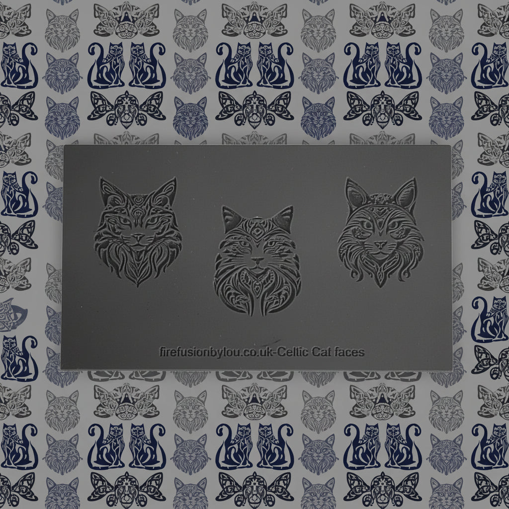 A dark grey rectangular texture mat featuring three embossed Celtic cat faces in profile, with small text at the bottom reading 'firefusionbylou.co.