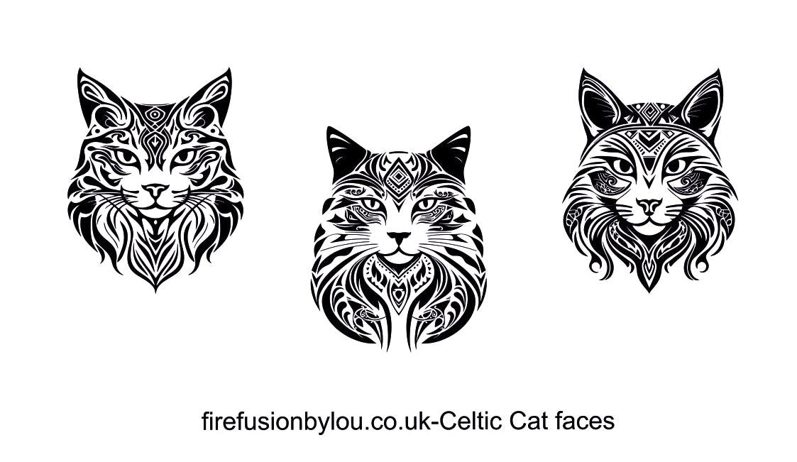 Three black Celtic-style cat face designs arranged vertically on a white background, with vertical text reading 'firefusionyou.co.