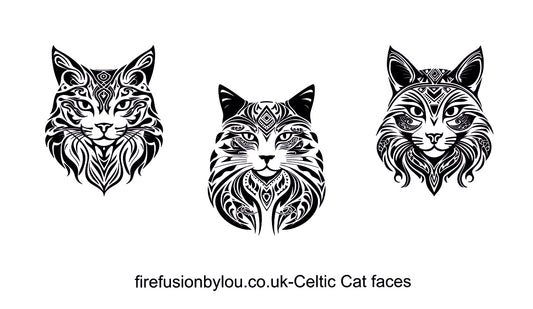 Three black Celtic-style cat face designs arranged vertically on a white background, with vertical text reading 'firefusionyou.co.