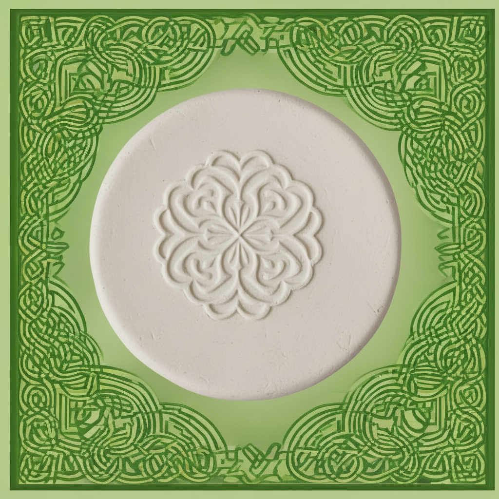 A round clay shape embossed floral medallion, centred against a light green background with an ornate green Celtic knot border.