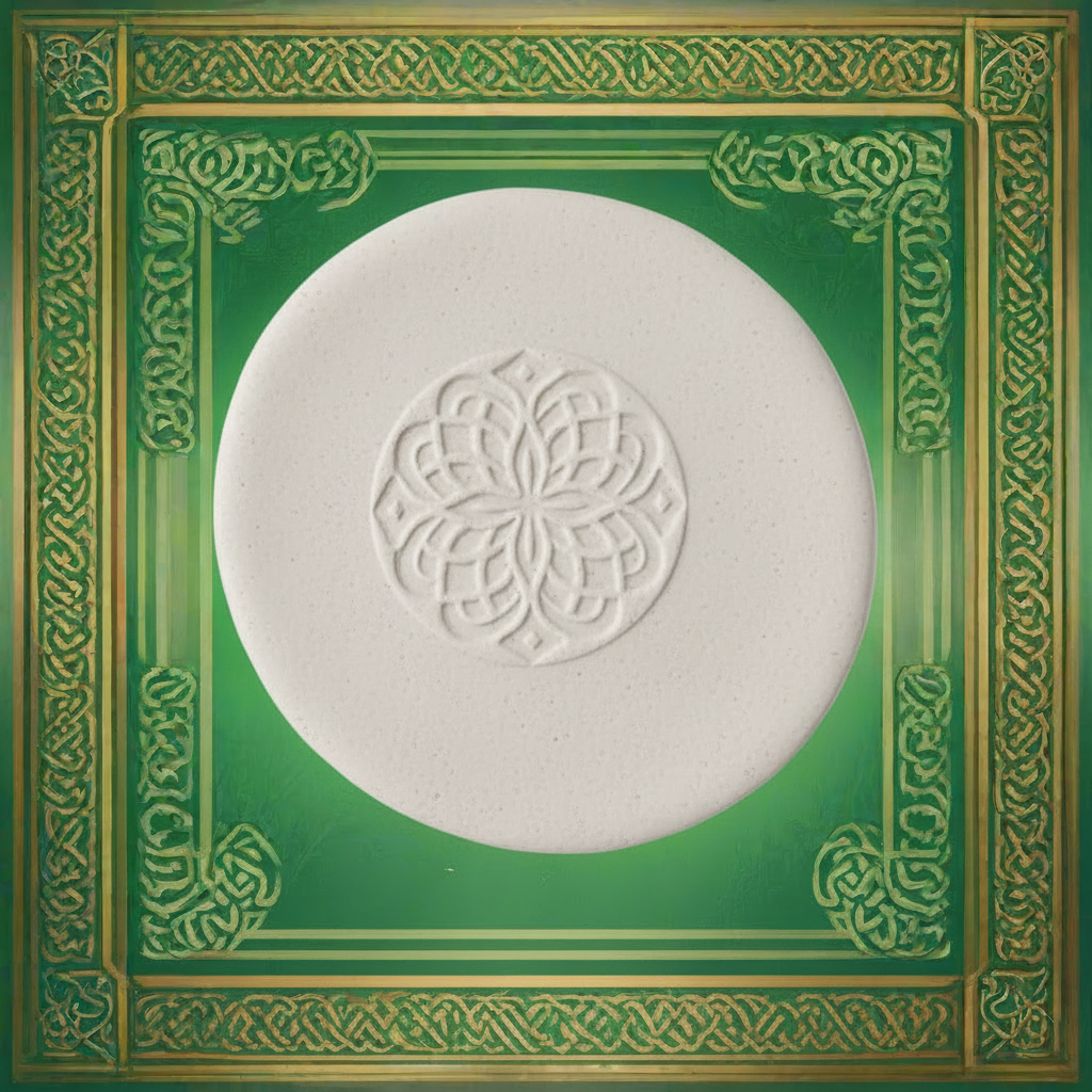 A round clay with an embossed floral mandala design in the centre, set against a decorative green and gold ornate frame.
