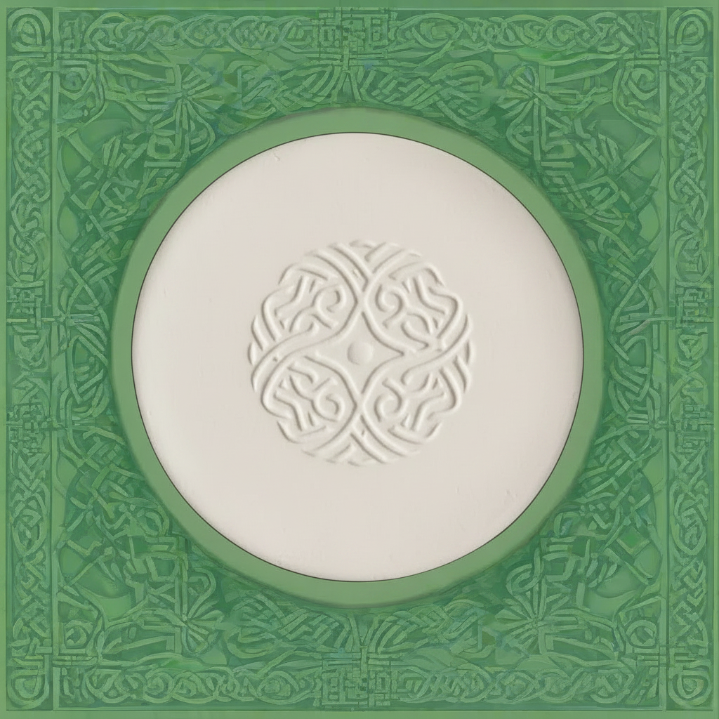 A round clay embossed floral knot pattern in the centre, set against a decorative green textured background.