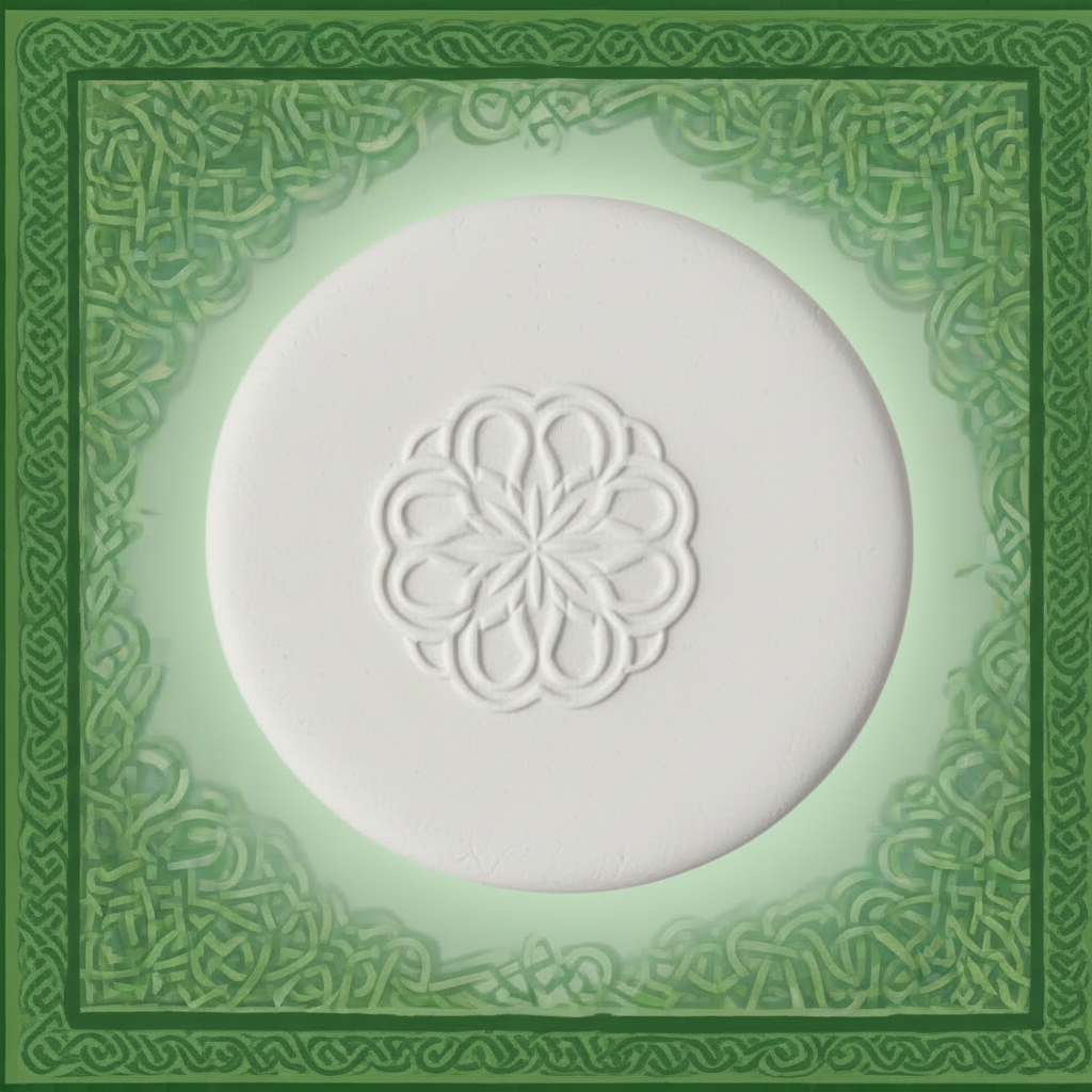 A round clay Celtic pattern in the centre, set against a light green gradient background framed by an ornate green border.