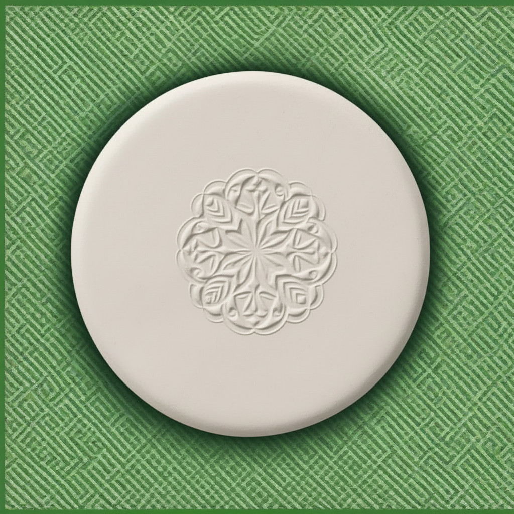 A round clay with an embossed floral pattern in the centre, set against a decorative green background with ornate border designs.