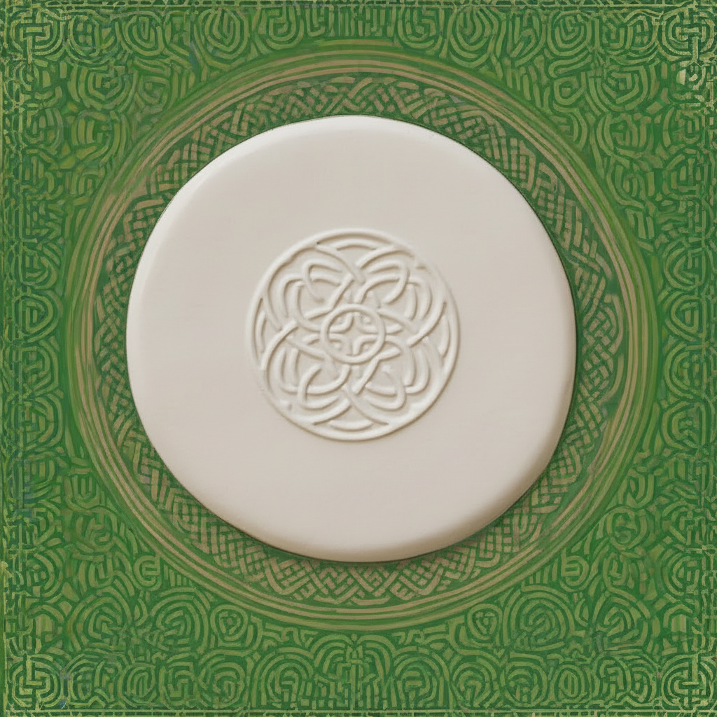 A round clay featuring an embossed Celtic knot design in the centre, set against a larger green ceramic tile with a matching green Celtic border pattern.