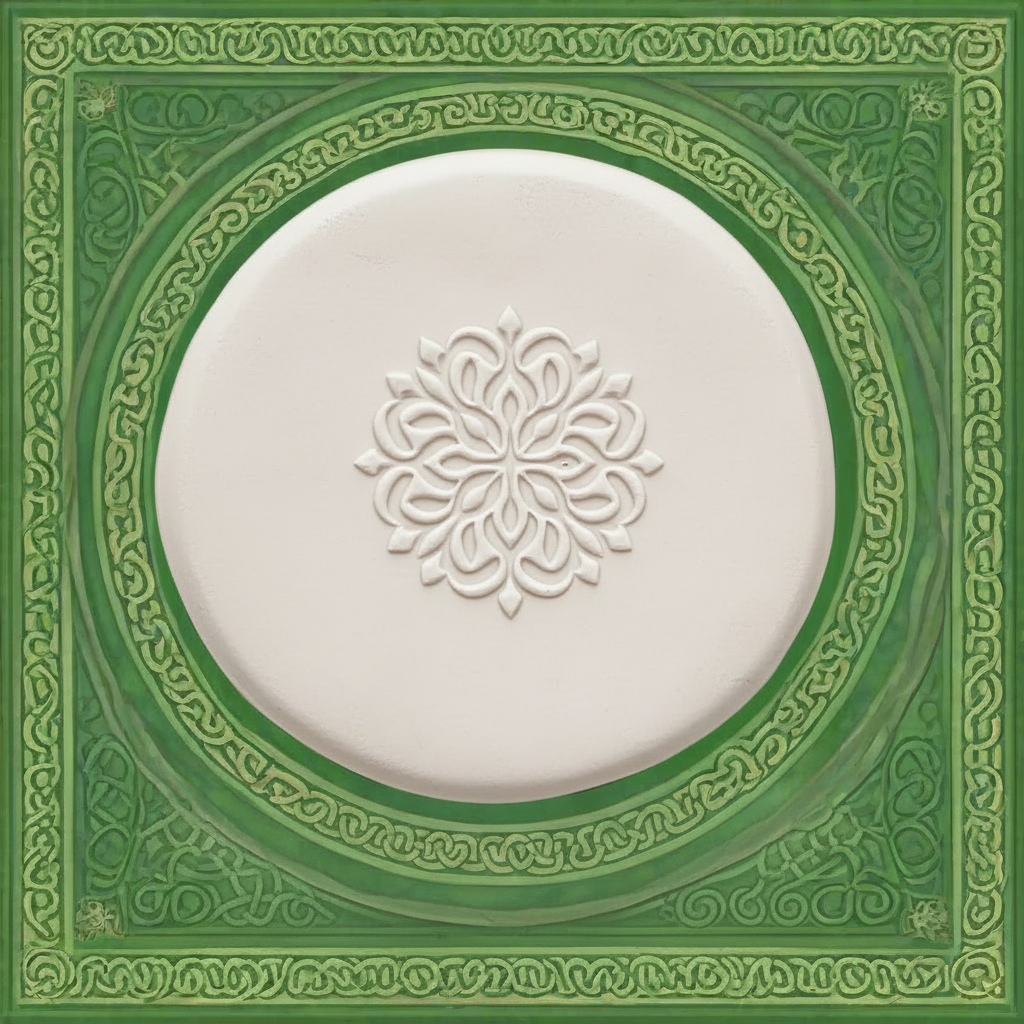 A round clay with an embossed floral pattern in the centre, set against a decorative green background with ornate border designs.