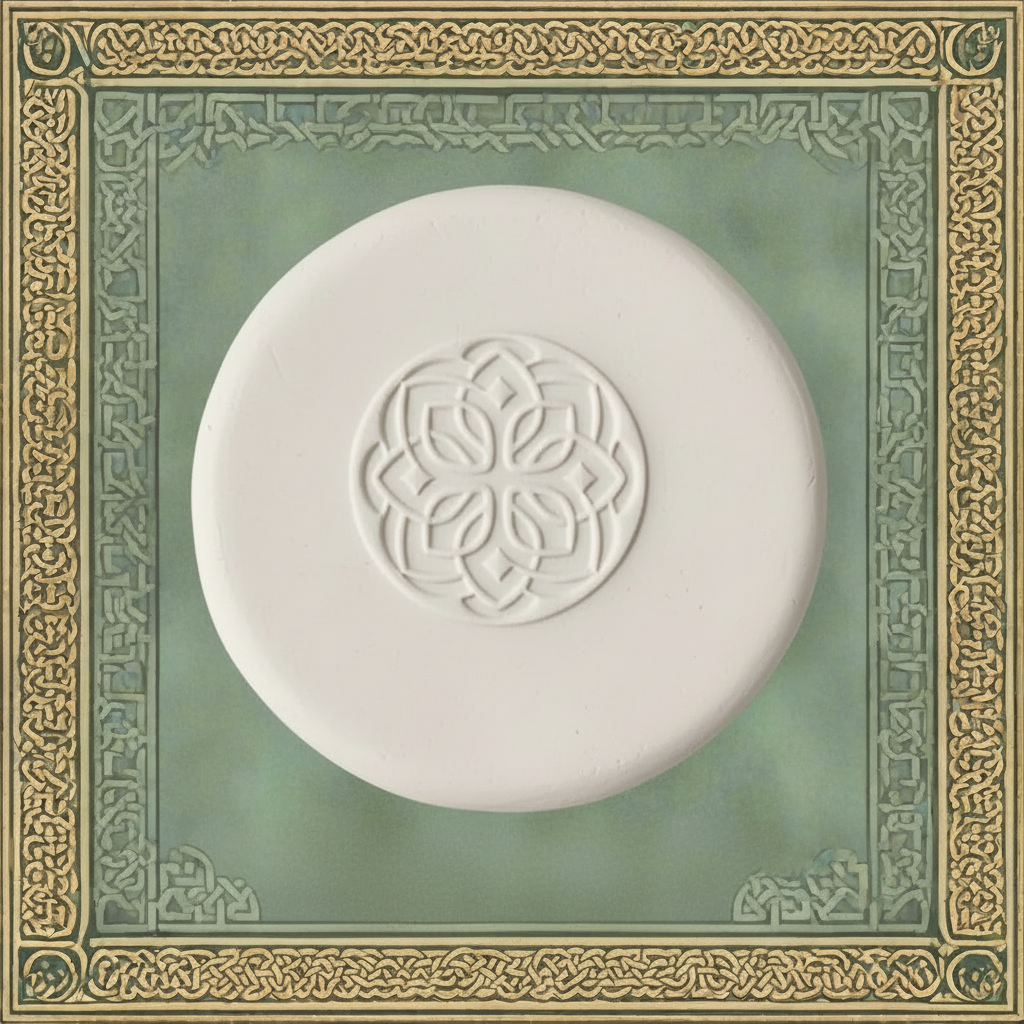 A round clay Celtic design with an embossed floral motif in the centre, set against a decorative green and gold patterned background.