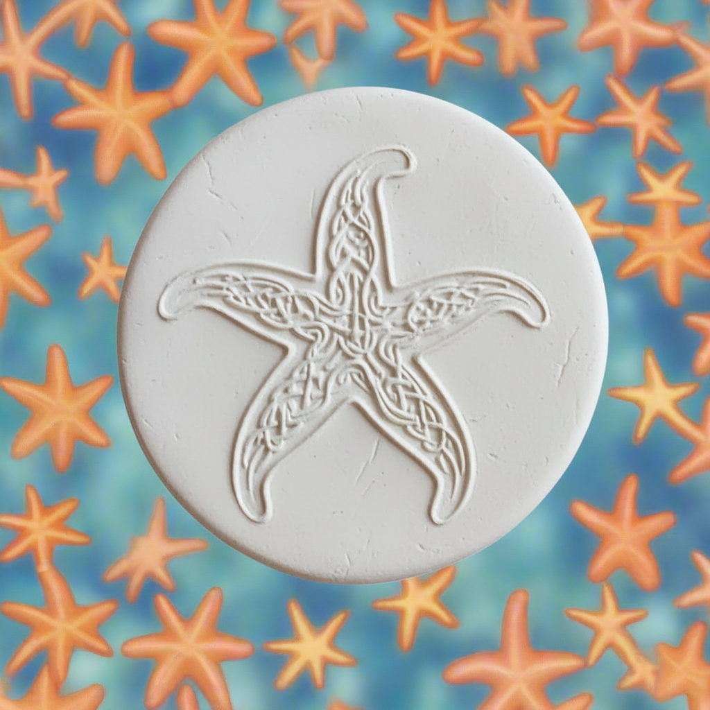 Celtic starfish embossed in clay Using a  debossed texture mat. 