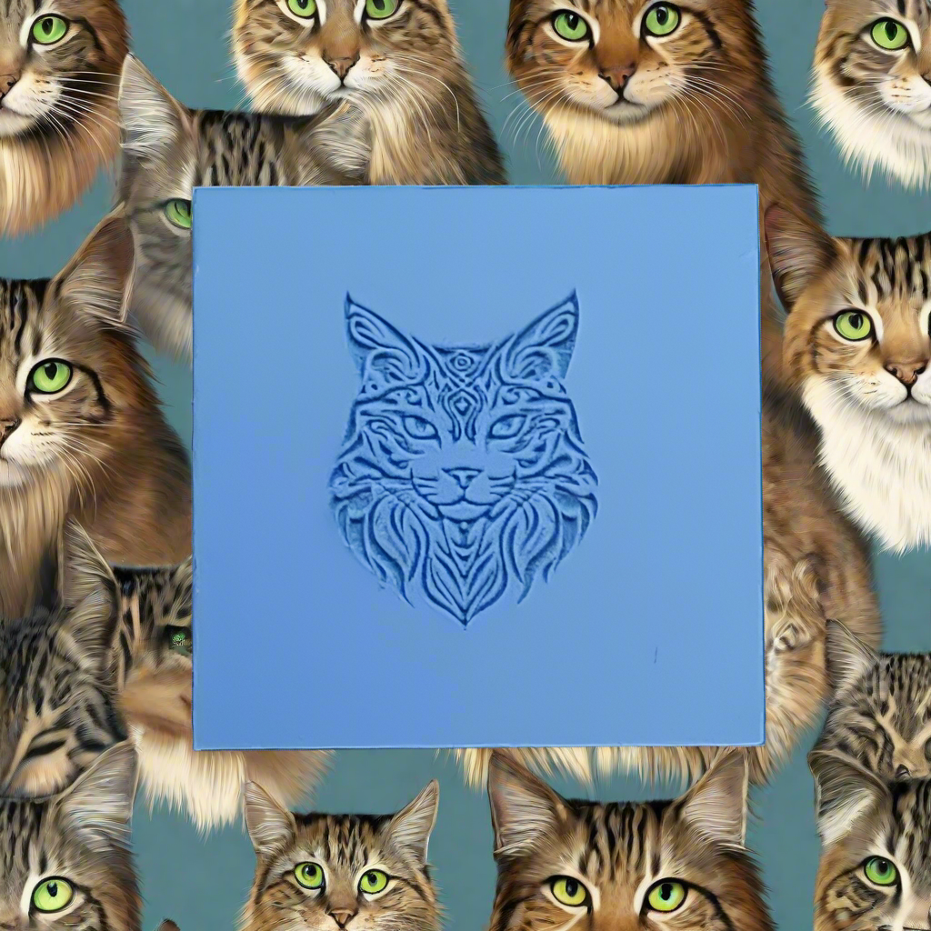 Blue cat-themed texture mat surrounded by images of cats with green eyes on a blue background