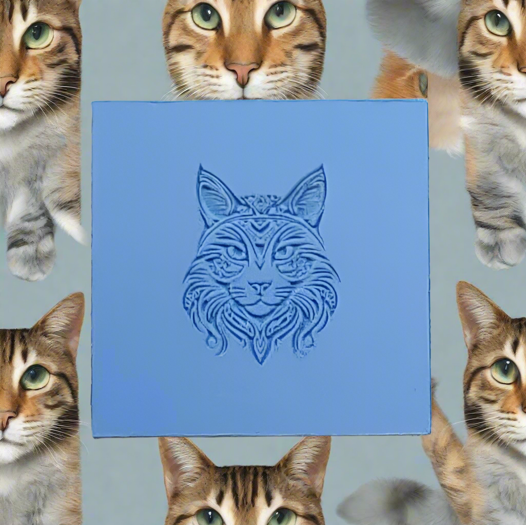 Blue square tile with a cat illustration on a light blue background