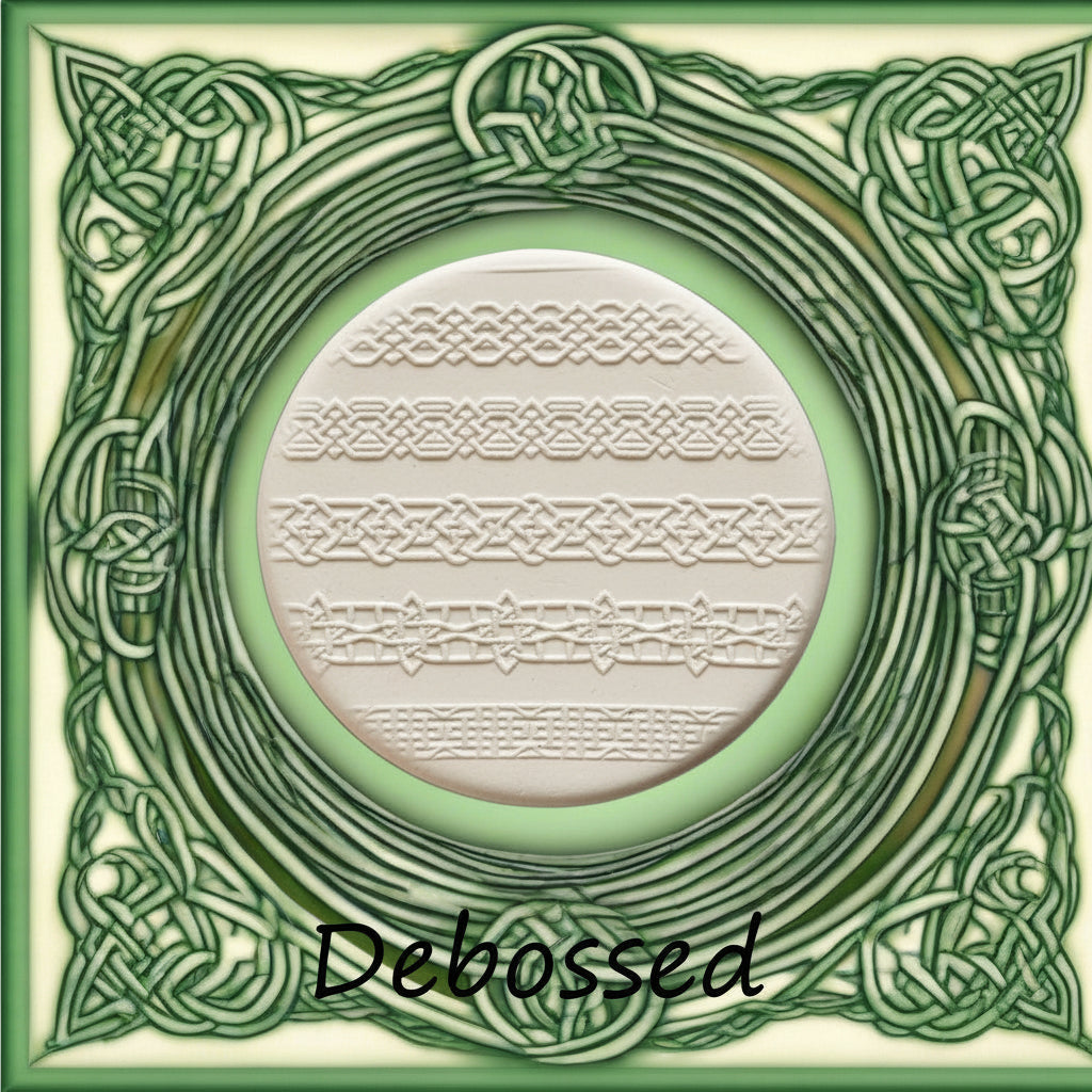 Celtic patterns embossed in clay using a debossed texture mat. 
