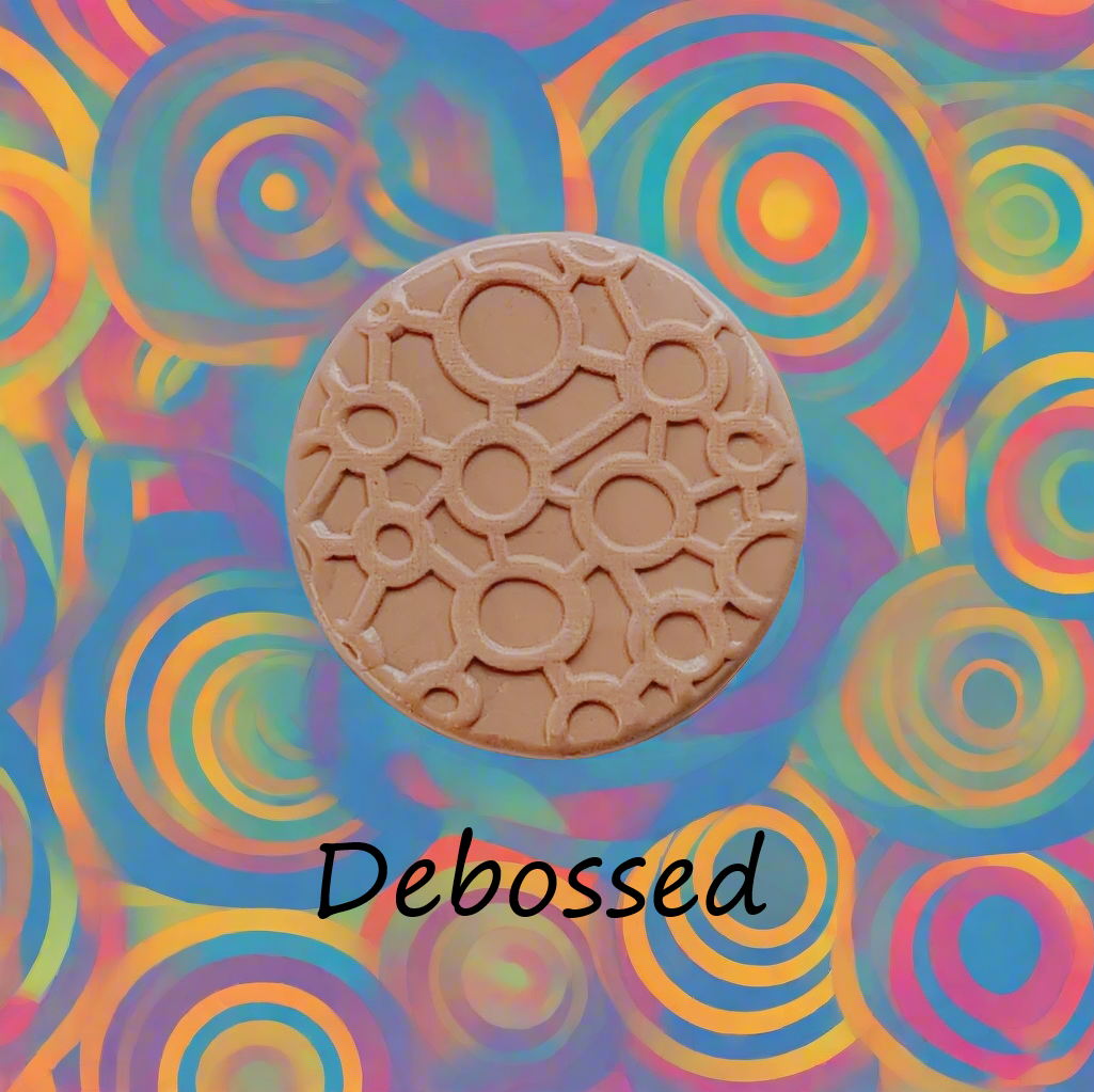 A continuous joined circle pattern  in silly putty Using a patterned debossed texture mat. This will give you an idea of what it will look like on metal clay or polymer clay.