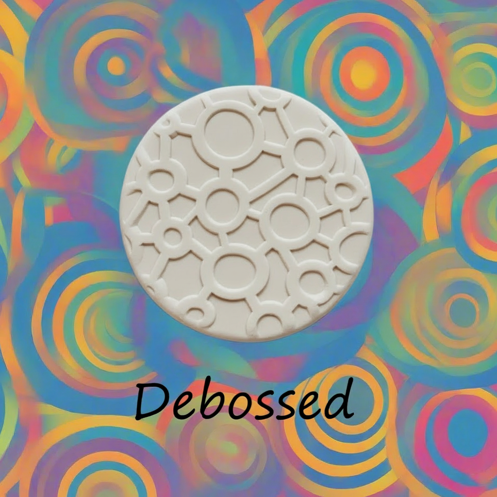 A continuous joined circle pattern  in clay using a patterned embossed texture mat. 