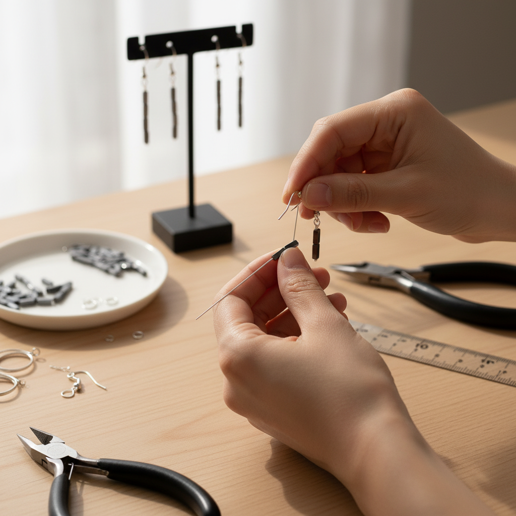 "Making earrings with hematite cube beads 9x3mm showing jewellery creation process and design possibilities"