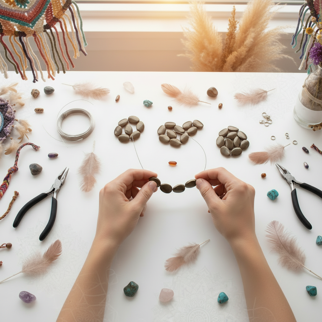 "Making jewellery with pyrite twisted oval beads 18x13mm showing creative design process with natural fool's gold gemstones"
