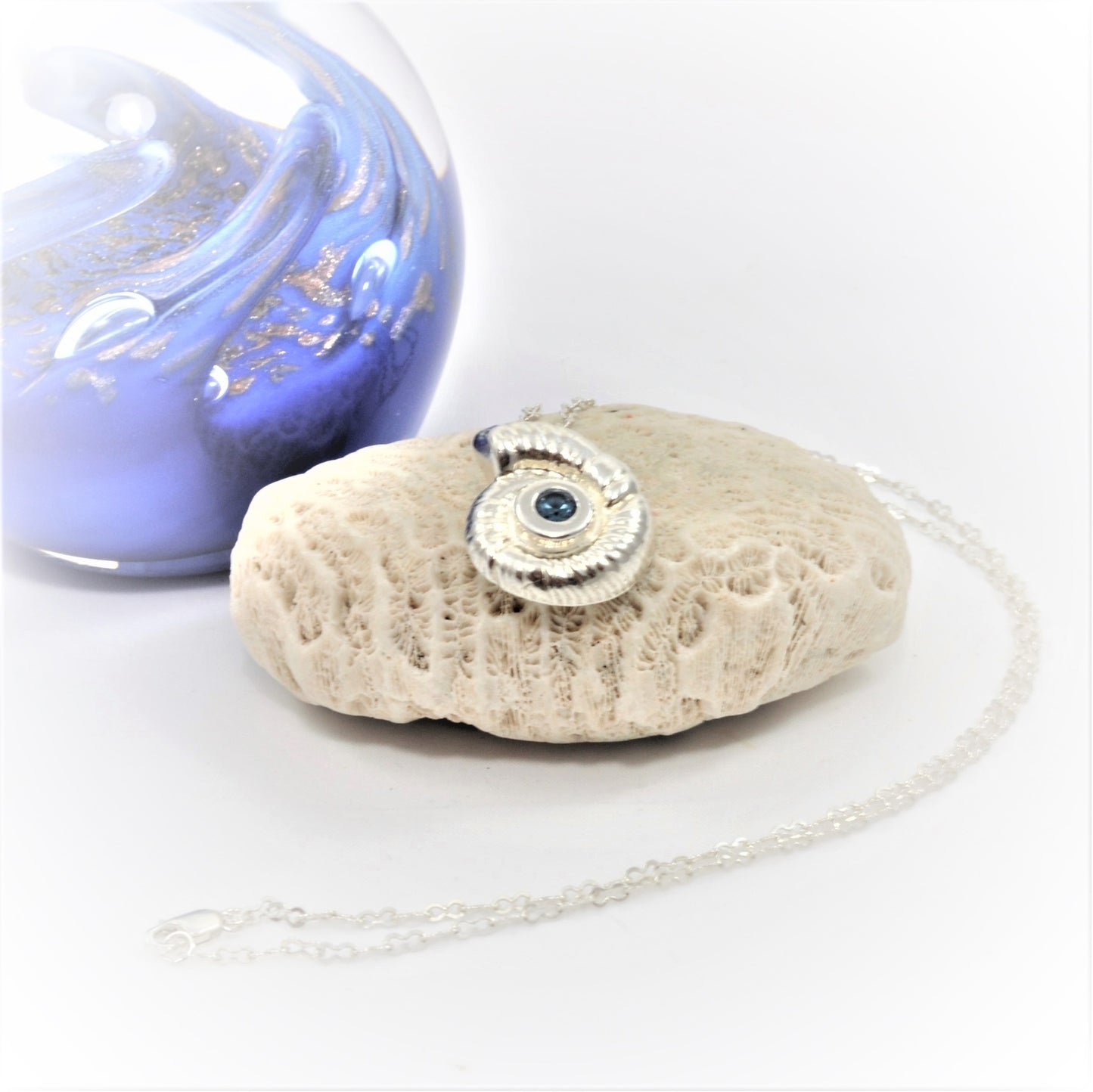 Necklace 999 fine silver fossil pendant with azure cubic zirconia