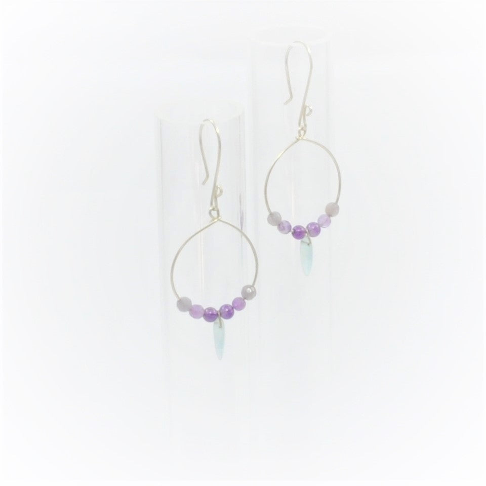 earrings Hoops & fancy scrolls 925 silver with Amethyst beads & drop bead