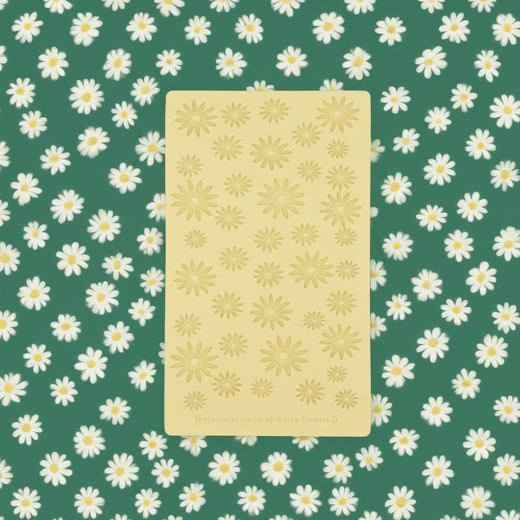 Daisy debossed texture on yellow rubber on a green background with white flowers
