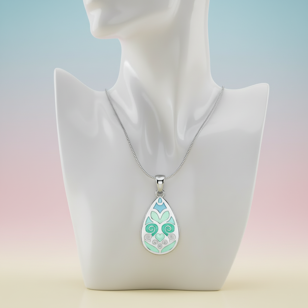 Teardrop-shaped pendant with intricate design on a mannequin bust against a graduated background.