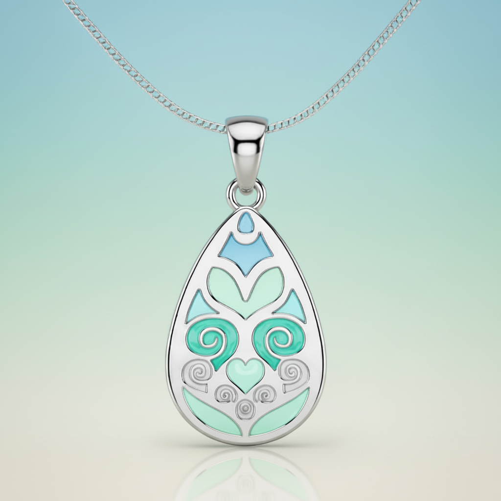 Teardrop-shaped pendant with decorative design on a gray background