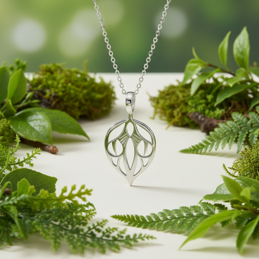 Silver leaf-shaped pendant necklace on a white surface with green leaves and moss.