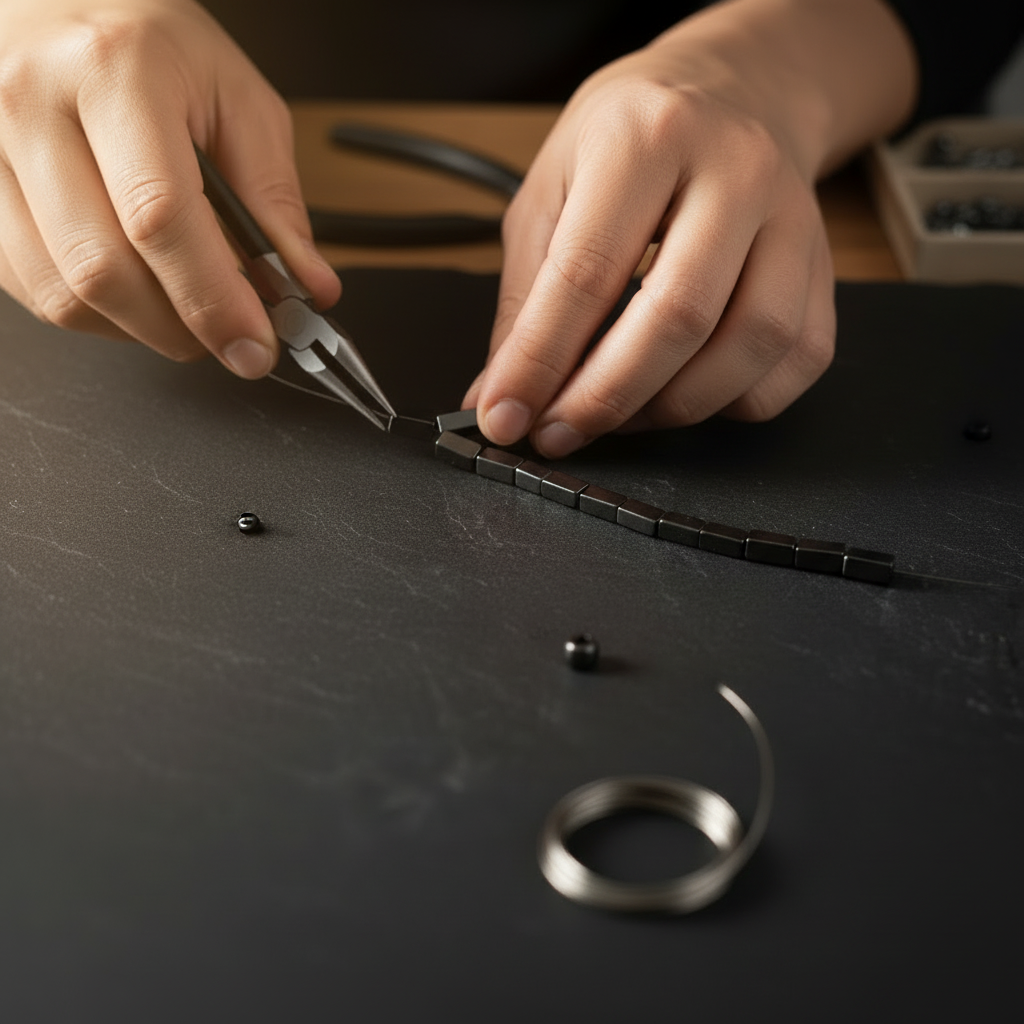 "Hands designing jewellery with hematite cube beads 8x4mm showing creative process and bead handling"