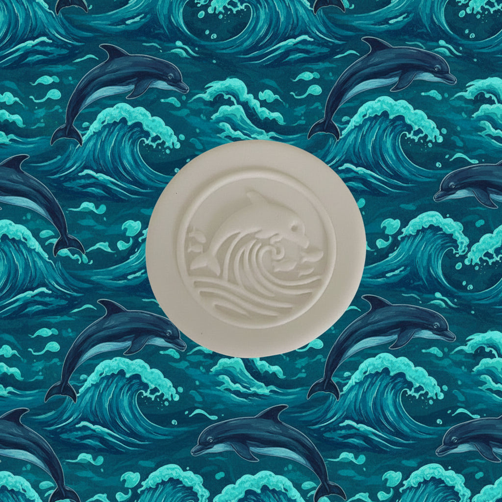 A round clay featuring an embossed design of a dolphin jumping over waves.