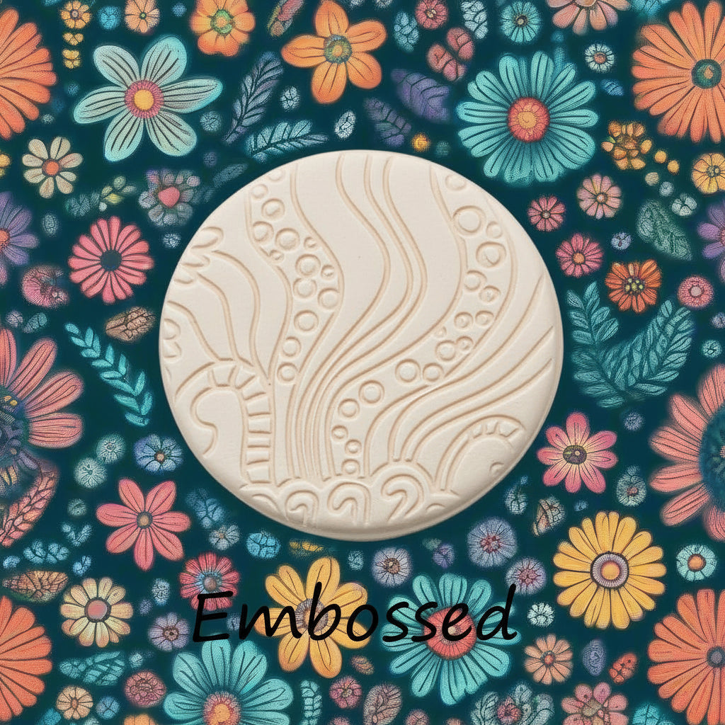 A pattern debossed in clay Using a patterned debossed texture mat. This will give you an idea of what it will look like on metal clay or polymer clay.
