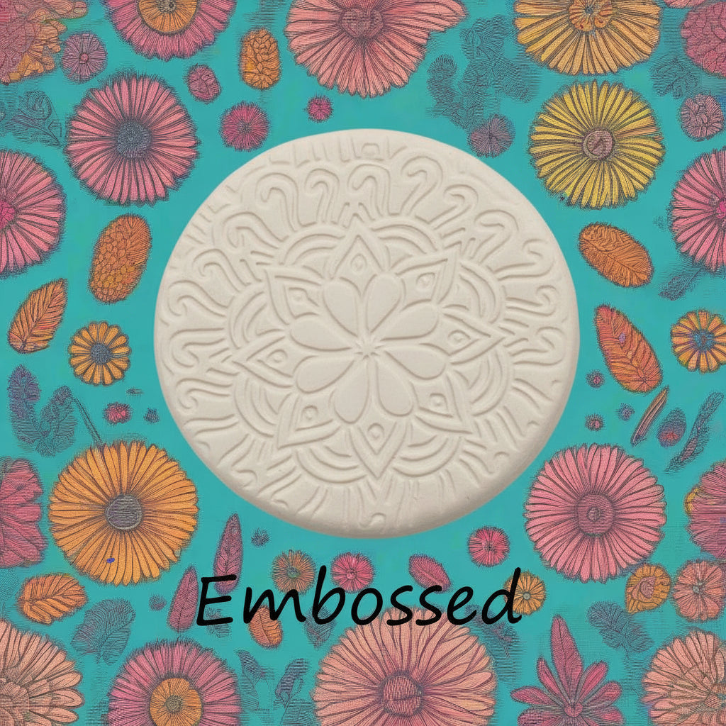 A pattern debossed in clay Using a patterned debossed texture mat. This will give you an idea of what it will look like on metal clay or polymer clay.
