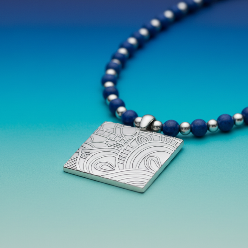 Necklace with blue beads and a silver square pendant on a blue background