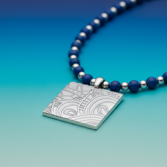 Necklace with blue beads and a silver square pendant on a blue background