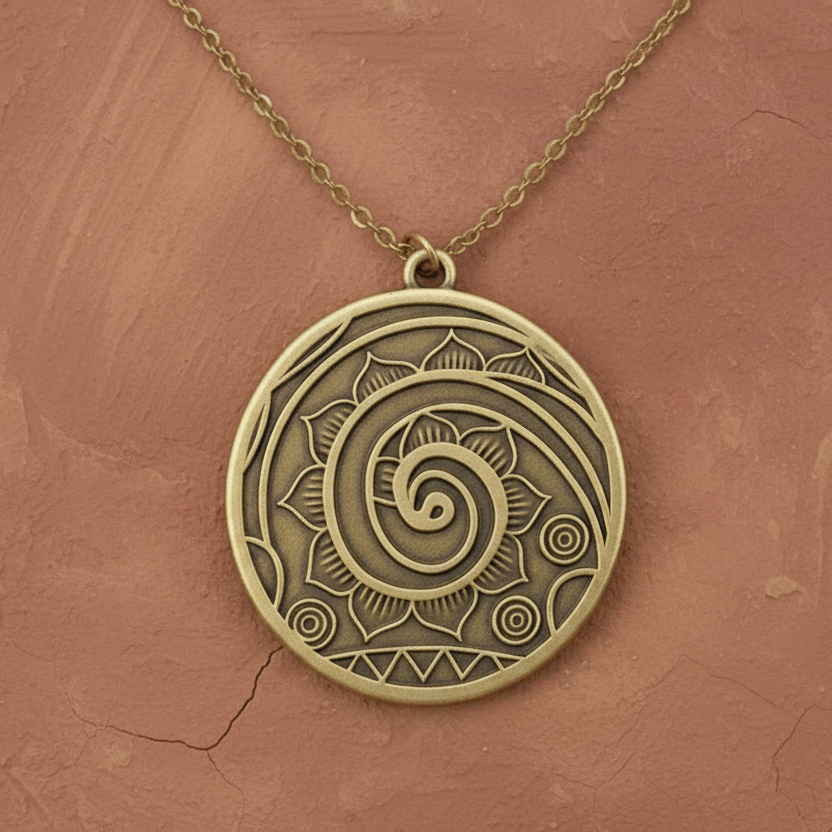 Bronze spiral pendant necklace on a brown textured background