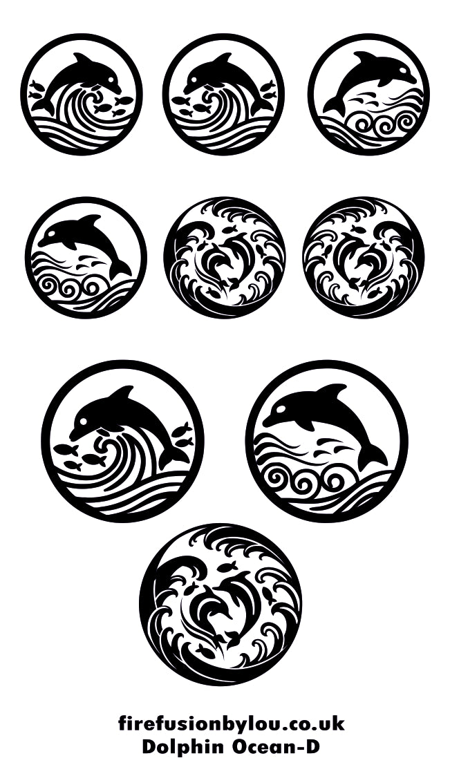 Seven circular black-and-white dolphin and ocean wave designs arranged on a white background, with the text 'firefusionbylou.co.uk