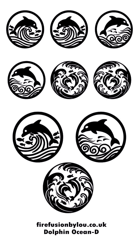 Seven circular black-and-white dolphin and ocean wave designs arranged on a white background, with the text 'firefusionbylou.co.uk