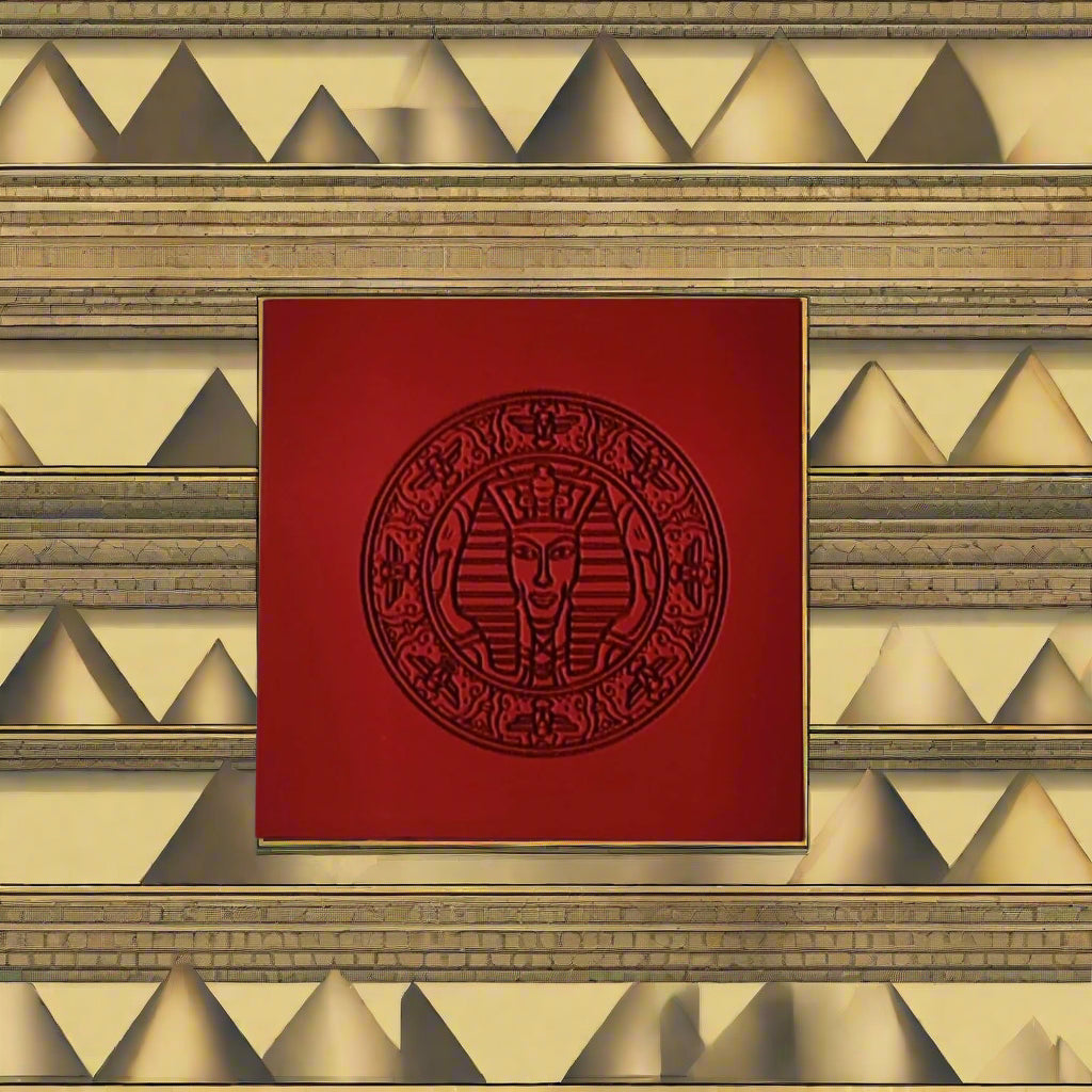 A square red wall art piece featuring a dark red circular Egyptian-style pharaoh emblem, centered against a textured beige and gold geometric background.