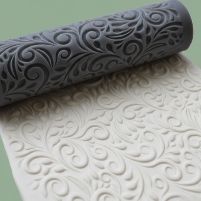 Roll of embossed white clay with decorative pattern next to embossing tool on green background