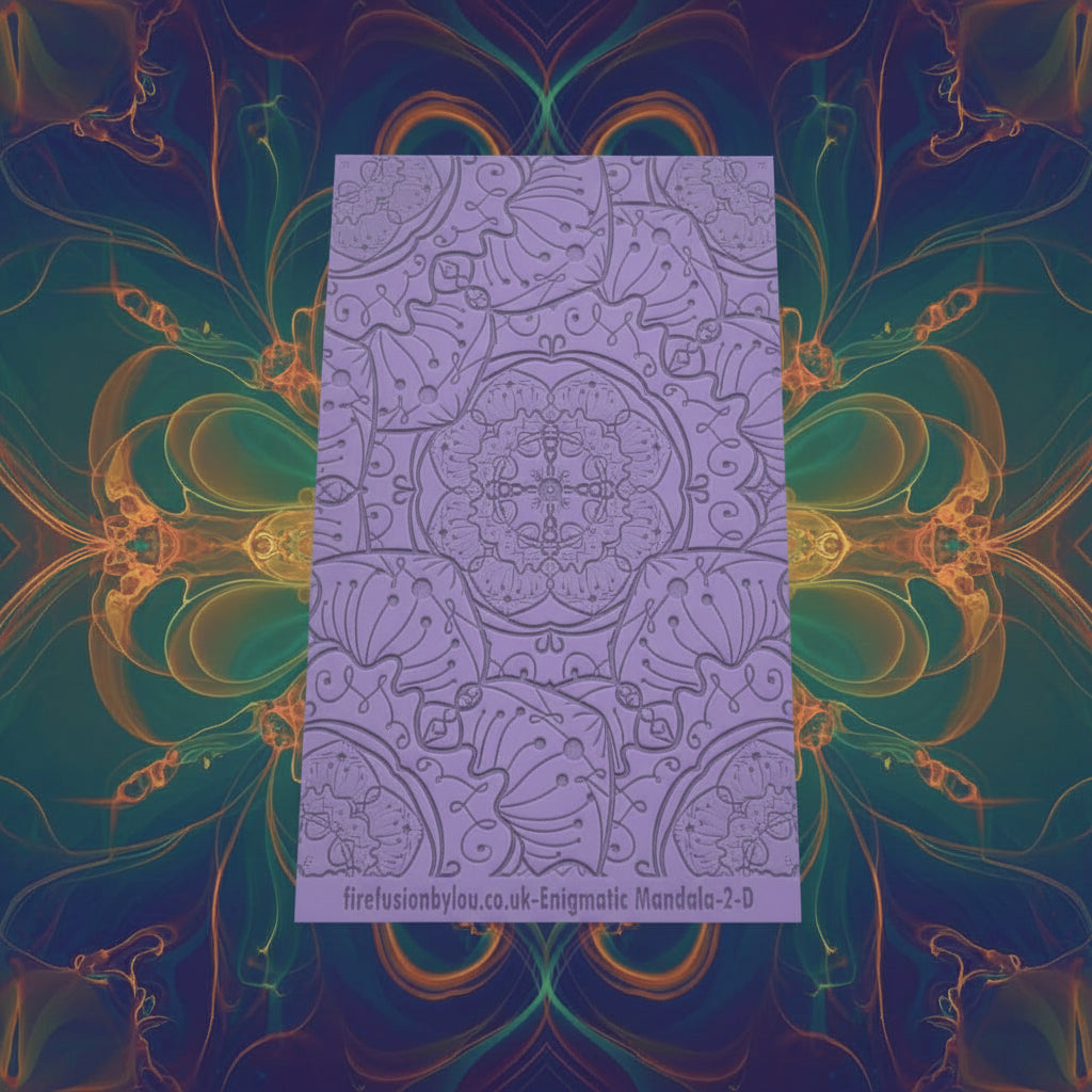 A debossed texture mat with a flowery mandala design. Use to make an impression on metal clay and polymer clay.