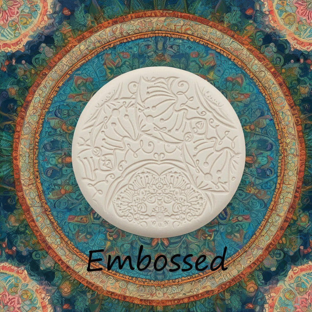 A flowery mandala pattern debossed in silly putty Using a embossed texture mat in grey material. This will give you an idea of what it will look like on metal clay or polymer clay.