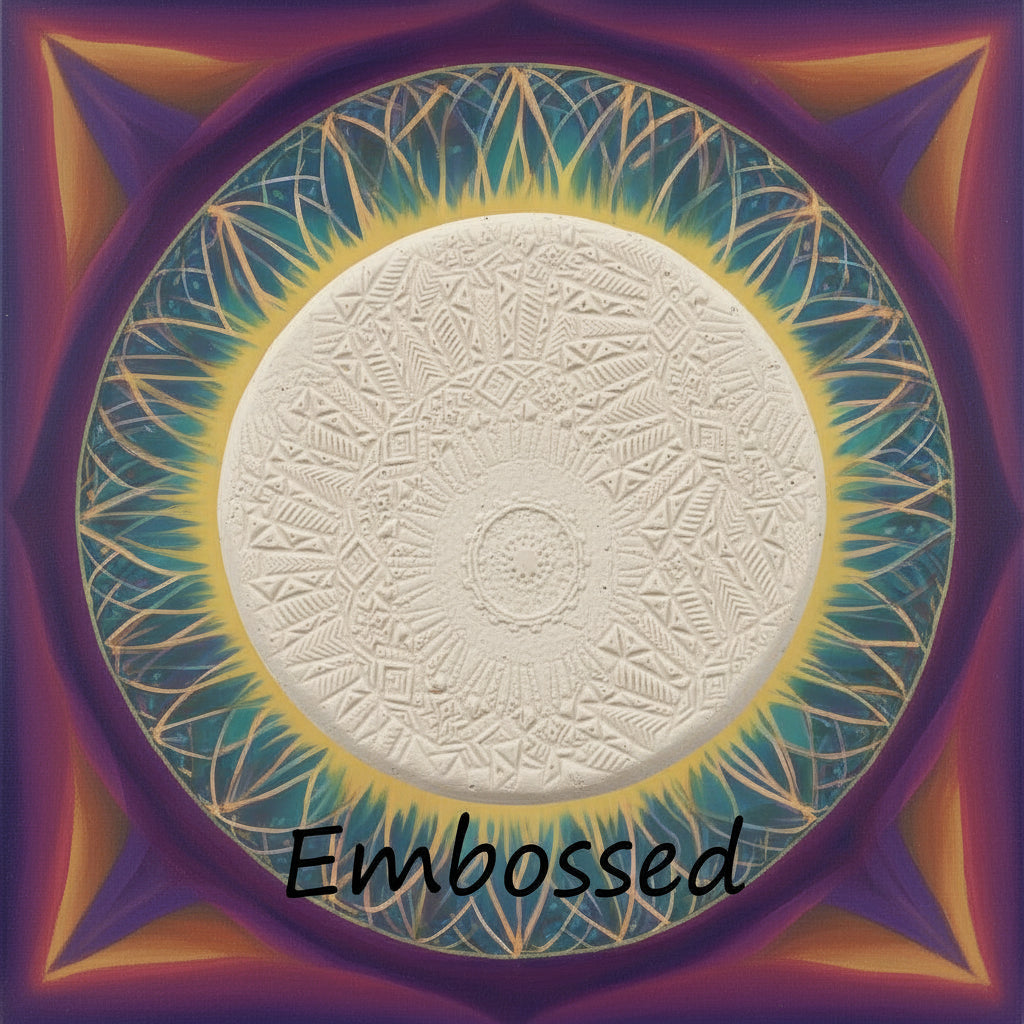 An array of flowery mandala patterned petals debossed in clay using a embossed texture mat.