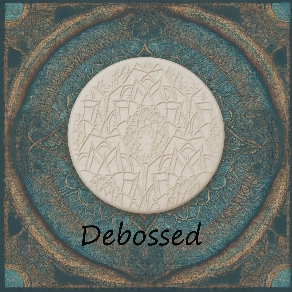 A lacey flowery mandala pattern embossed in clay using a debossed texture mat.
