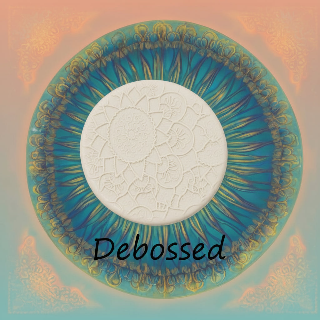 A flowery mandala pattern embossed in clay Using a debossed texture mat.