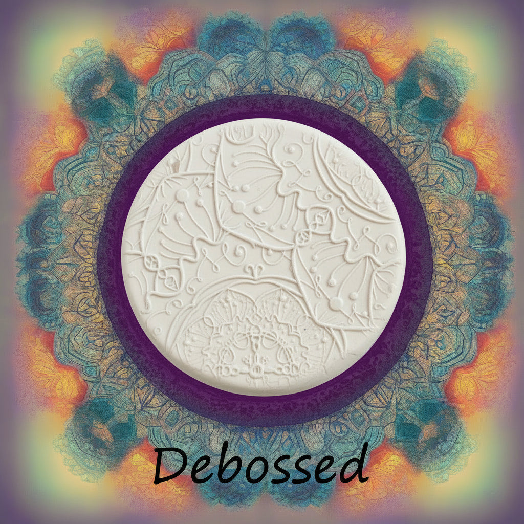 A flowery mandala pattern embossed in clay using a debossed texture mat.