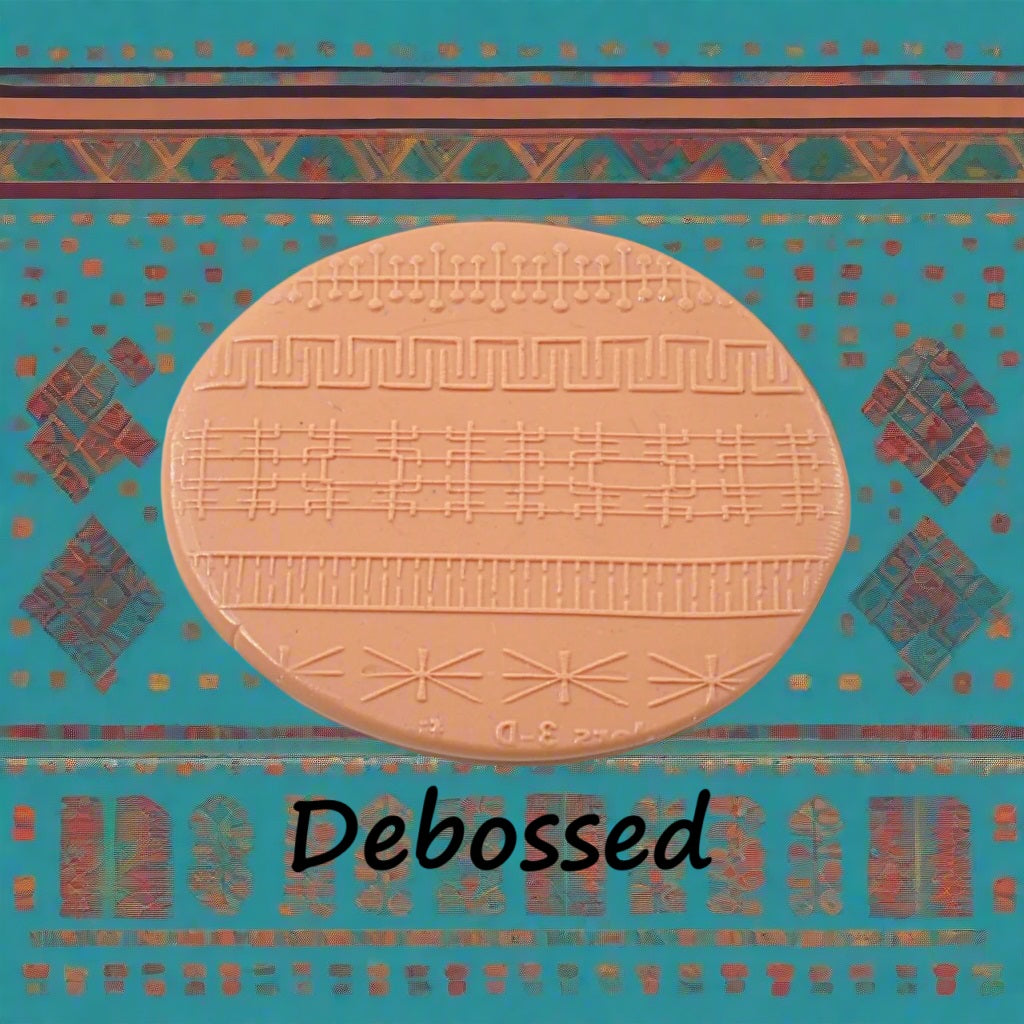 A pattern embossed in silly putty Using an ethnic design debossed texture mat in grey material. This will give you an idea of what it will look like on metal clay or polymer clay.